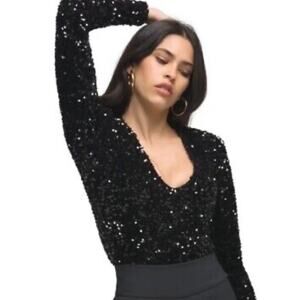 Good American Black Intimates Sleek Sequins Sparkle Deep V Neck Bodysuit Thong